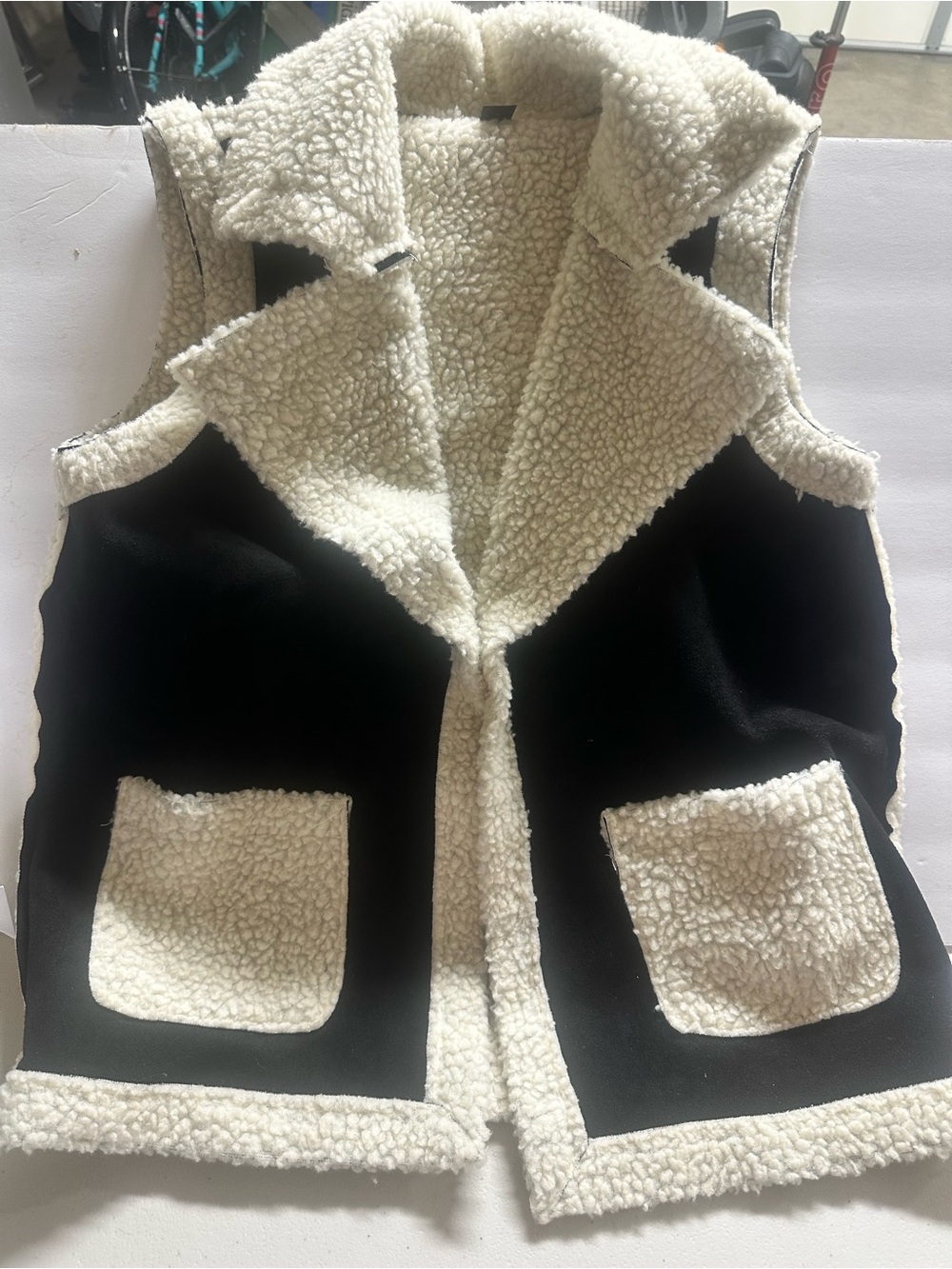 SHEIN Black & Cream Sherpa-Lined Faux Suede Vest